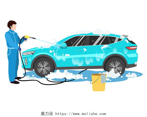 手绘卡通人物洗车原创插画海报洗车元素